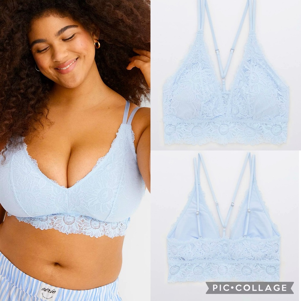 NWT Aerie Anytime Sunflower Lace Padded Plunge Strappy Back Bralette Eyelet Blue